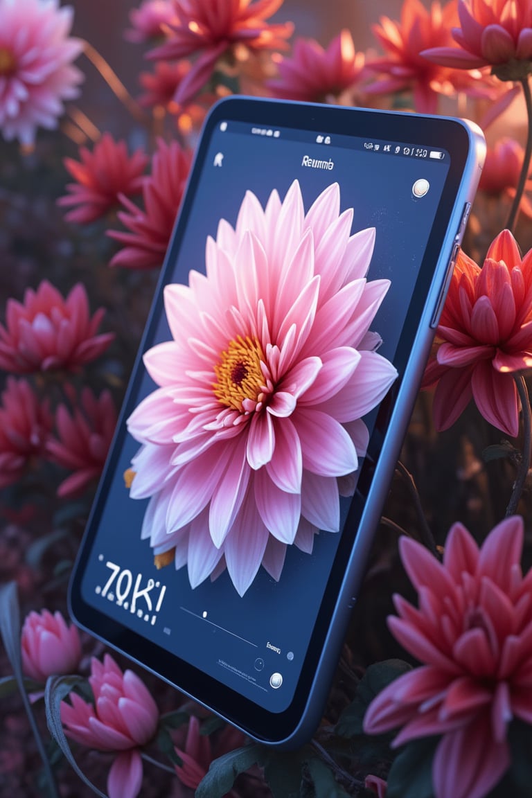 Digital art featuring an Apple iPad Pro m4 displaying the text 70K on the screen, set against a background of flowers. This best photo captures the essence of modern technology and natural beauty, creating a visually stunning and harmonious composition.