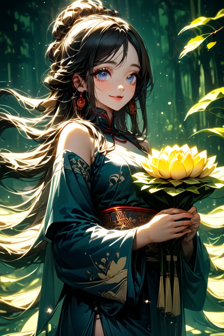 Close-up of a stunningly beautiful girl, Chinese Han Dynasty girl, with big eyes and long eyelashes that make her eyes more lively and beautiful, wearing Han Dynasty clothes and hairstyle, with stunning black hair and long She has thick eyelashes and holds a delicate bouquet of lotus flowers on her fingers. When she looked directly at the audience, she smiled. Her whole body exuded an otherworldly light, and every contour and object on her body seemed to be illuminated by light and sparkle. She couldn't help but dance an ancient dance taught by her grandmother at home. It was very elegant and soft. In the quiet atmosphere of summer night, the trees were tall, the river flowed quietly, and the nocturnal creatures sang to them with their gentle calls and croaks. Serenade, our protagonist is like a lovely beacon. In Vadimka's new style, every detail has been carefully crafted to create a realistic style that exudes elegance and wonder. (Masterpiece 1.2, 8K) Depth of field.
