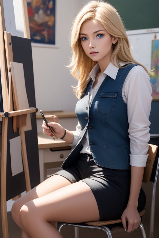 A 28-year-old woman with blonde hair, blue eyes, and very fair skin. Her face and figure are extremely beautiful. Because she was short of money, she wanted to study abroad. In addition to taking classes, she had a part-time job as a mannequin for students at an art college. But she was wearing clothes, her upper body was: a vest and shorts. She needs to stay in one position for one to two hours. It's in the school's art classroom. There was a male art professor and a group of male and female students around 18-19 years old. They were sitting in front of their easels, holding charcoal pencils and drawing on paper. They asked for a 28-year-old blonde beauty. The blond woman was sitting there, reclining on a chair with a blanket in response to the female professor's request. She is lying down but looking into the camera with her lively blue eyes. The background is: classroom, professor, students, easel, drawing paper, and paintbrush. Official Art, Photography. 8K, a masterpiece.