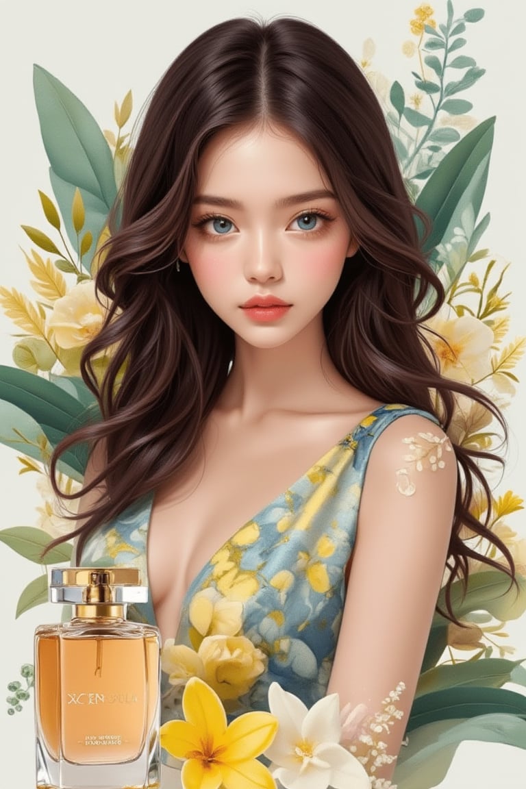 A professional photo showcasing a beautiful and charming British supermodel with dark flaxen hair and bright blue eyes, co-created for the cosmetics advertisement of the brand Meili for JISOO Edition. The image features a captivating Adepta, decorated with forest scents, and a bottle of nature's perfume next to it, designed with a feminine and elegant feel. Bold text Tensor appears at the bottom of the image. The 128k, rococo art scene is rendered with exquisite watercolor, pastel, and oil paintings, creating hand-made sketches that look like real-life versions.