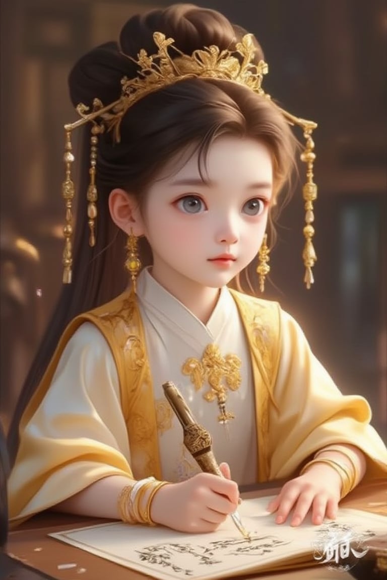 In the ancient Han Dynasty, a beautiful little girl's boudoir was filled with gorgeous furniture. In ancient times, there was a pen and inkstone on the ancient desk. Her father was the prime minister, so she was proficient in piano, chess, calligraphy, and painting. The most special thing is that she has big blue eyes, because her mother is a foreign princess.
The ancient bun, hairpin, beads, earrings, gold bracelets, and the exquisite gold embroidery on the Hanfu made her look noble and elegant. She was writing ancient cursive script with a brush, and the fonts were generous and strong. powerful. Look directly at the audience. The whole picture is full of ancient scholarly atmosphere and the beauty and talent of women. Official art. masterpiece. The light and shadow are soft and beautiful.