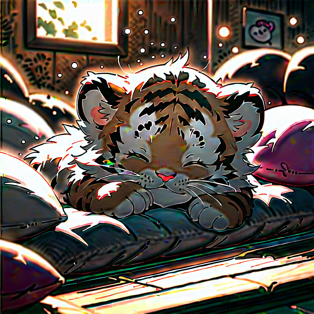 A charming image of a young, adorable tiger cub yawning widely, appearing sleepy and ready for a nap, nestled in a cozy bed prepared by its owner. Beside it, a cute black and white kitten cuddles close, both animals exuding pink love bubbles. The scene is illuminated with soft, warm lighting, highlighting the intricate textures and glossy fur of the animals. The composition is framed to capture the intimate bond between the two, creating a heartwarming masterpiece.