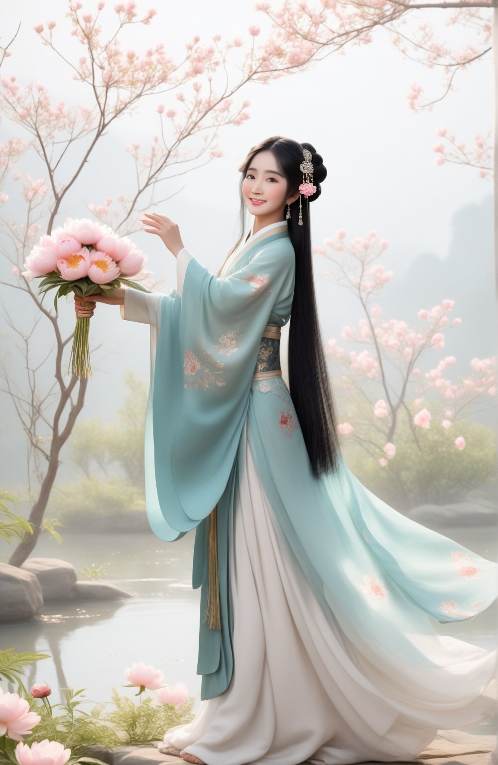 Close-up of a stunningly beautiful girl, Chinese Han Dynasty girl, with big eyes and long eyelashes that make her eyes more lively and beautiful, wearing Han Dynasty clothes and hairstyle, with stunning black hair and long She has thick eyelashes and holds a delicate bouquet of peonies on her fingers. When she looked directly at the audience, she smiled. Her whole body exuded an otherworldly light, and every contour and object on her body seemed to be illuminated by light and sparkle. In the peaceful atmosphere of a summer night, where trees stand tall, rivers flow quietly, and nocturnal creatures serenade them with their gentle chirps and croaks, our protagonist acts like a lovely beacon. In Vadimka's new style, every detail has been carefully crafted to create a realistic style that exudes elegance and wonder. (Masterpiece 1.2, 8K) Depth of field.,source_furry,score_5_up,score_6_up,score_7_up,score_8_up,score_9,han fu