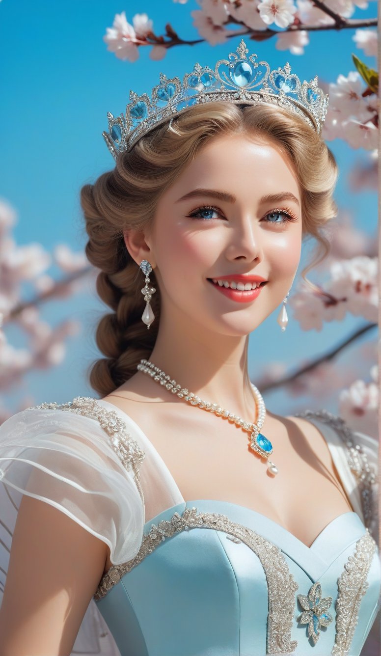 Close-up, young girl with light blue eyes and long thick eyelashes, she looks like 20-year-old Grace Patricia Kelly, wearing a crown, full body shot, wearing a gorgeous princess dress, standing, she dances elegantly Dance steps, she danced to the music, immersed in the charming music, she smiled happily. There are also cherry blossom braids all over the sky, which are extremely beautiful. High quality. Modifiers: Alphonse Mucha, boris valejo dedecent illustration, Anne Boonchuy, art_booster, BlackworkStyleManityro, WOWAI, Expressiveh, Apoloniasxmasbox