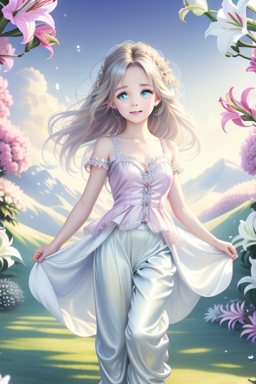 A full-body shot of a young girl with striking light blue eyes and long, thick eyelashes, reminiscent of 18-year-old Nicole Kidman, sporting messy hair. She stands elegantly in satin pants, adorned in a variety of beautiful little dresses and casual wear in popular styles, dancing joyfully to the music. The sky is filled with exquisite braids of lilies, creating a breathtaking backdrop. This high-quality illustration, influenced by the styles of Alphonse Mucha, Boris Valejo, and Anne Boonchuy, captures a dynamic and expressive scene, enhanced by modifiers like art_booster, BlackworkStyleManityro, WOWAI, and Apoloniasxmasbox.