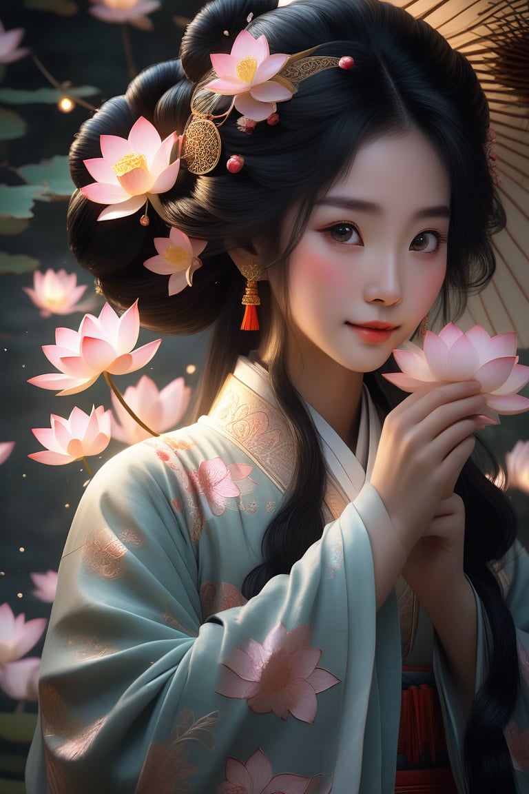 Close-up of a stunningly beautiful girl, Chinese Han Dynasty girl, with big eyes and long eyelashes that make her eyes more lively and beautiful, wearing Han Dynasty clothes and hairstyle, with stunning black hair and long She has thick eyelashes and holds a delicate bouquet of lotus flowers on her fingers. When she looked directly at the audience, she smiled. Her whole body exuded an otherworldly light, and every contour and object on her body seemed to be illuminated by light and sparkle. She couldn't help but dance a dance taught by her grandma at home in ancient times. It was very elegant and soft. After dancing, she took the paper umbrella and prepared to go back. In the quiet atmosphere of the summer night, the trees were tall and the river flowed quietly. Nocturnal creatures serenade them with their gentle chirps and croaks, and our protagonist acts like a lovely beacon. In Vadimka's new style, every detail has been carefully crafted to create a realistic style that exudes elegance and wonder. (Masterpiece 1.2, 8K) Depth of field.,source_furry,score_5_up,score_6_up,score_7_up,score_8_up,score_9,han fu