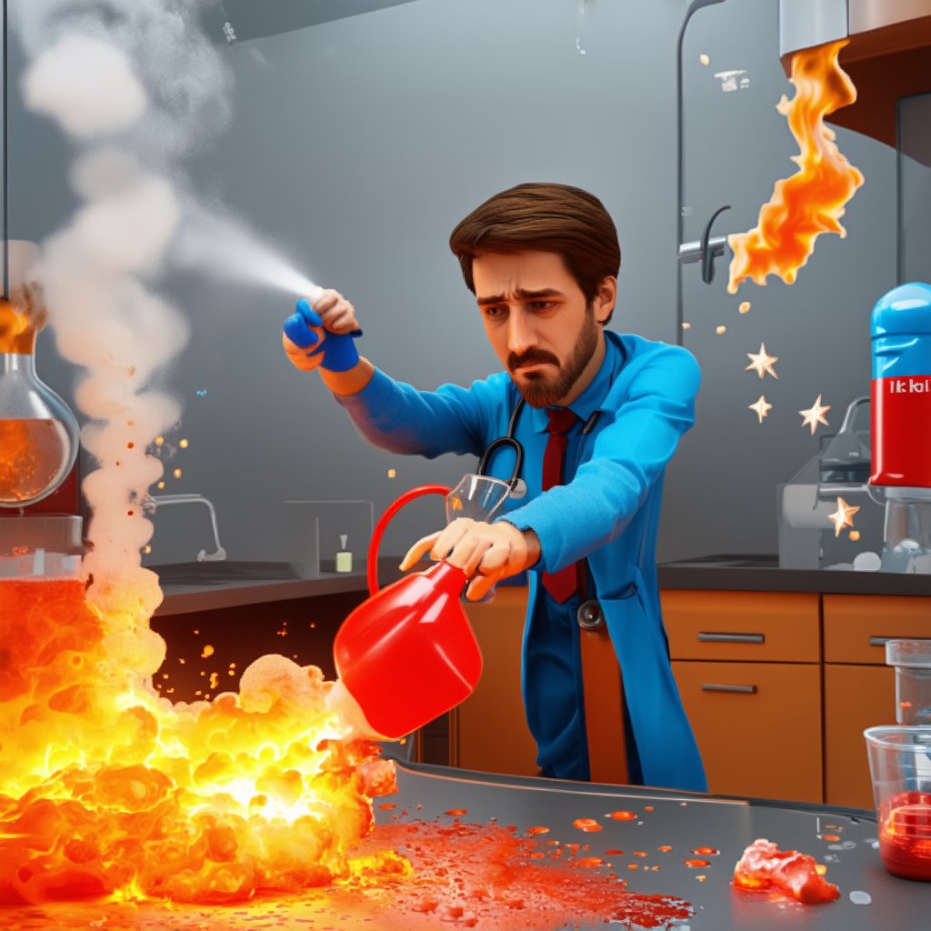 A 3D rendered scene of a medical doctor in a laboratory, frantically trying to extinguish a fire caused by a broken beaker. The doctor's face shows panic as they use a fire extinguisher. The scene is in vivid color, with high-definition details, including the bubbling and spilling chemicals, the flames, and the smoke. The background is simple, focusing on the laboratory setting with essential equipment. The composition is highly realistic and three-dimensional, capturing the urgency and chaos of the moment. Stars twinkle faintly in the background, adding a surreal touch to the dramatic scene.