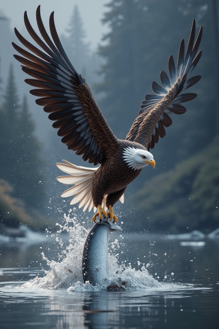 Close-up, 8K, RTX, official art of a Bald eagle flying in the air, spreading its big wings and diving towards a lake below. In an instant, its claws catch a leaping salmon, creating many splashes. The eagle holds on tightly, illuminated by light and shadow, fully expressing the beauty of strength. The scene captures the beauty of a miracle, with super high-quality cinematography, creating a masterpiece beyond reality.