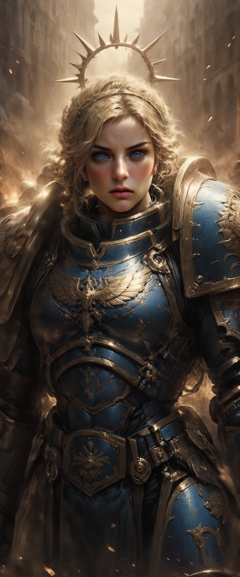 The beautiful girl with perfect golden proportion facial features, beautiful and smart blue eyes, long and thick eyelashes, looking at the camera affectionately, people call her {{{Joan of Arc}}}, perfect body ratio of 1:8, athlete General figure, medieval art, medieval armor and equipment. Wearing golden armor, she is French and carries a medieval sword. She is fighting for the people of France against the British invading army. Her beautiful short golden wavy natural curly hair is still visible under the helmet. Her perseverance and Fighting for the people and their faith in God, war is painful. She waved the French flag in one hand and held a sword in the other, leading the people to fight for freedom. This is a sectarian holy war. The whole scene was chaotic, with numerous casualties. Under the natural light, she is beautiful and majestic. Even the people in front of the camera were so attracted that they couldn't look away. Shocking and amazing. Clothes: Elements and objects appearing between 1413 and 1431 BC are consistent with this painting. Miracle. Bible Stories. Expressed with Da Vinci artistic design. The epic legend lives on to this day.