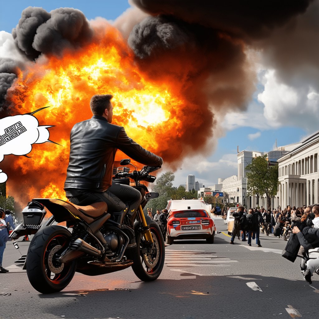 A hyper-realistic 3D rendered scene in ultra-high definition, featuring a strikingly handsome man in a leather jacket, astride a powerful motorcycle amidst a bustling urban street. The background is simple yet detailed, with a variety of vehicles and pedestrians filling the scene. Suddenly, a massive explosion rocks a nearby science and astronomy museum, with vivid flames, thick black smoke, and billowing white clouds. The sound of the explosion is intense, accompanied by a chorus of shocked exclamations. Comic-style speech bubbles, shaped like explosions, appear around the scene, adding to the chaos. The man on the motorcycle, along with others, reacts quickly, some rushing to help while others dial emergency services. The RTX technology enhances the lighting and shadows, creating a dramatic and lifelike atmosphere. The composition captures the urgency and scale of the disaster with exceptional clarity and detail.