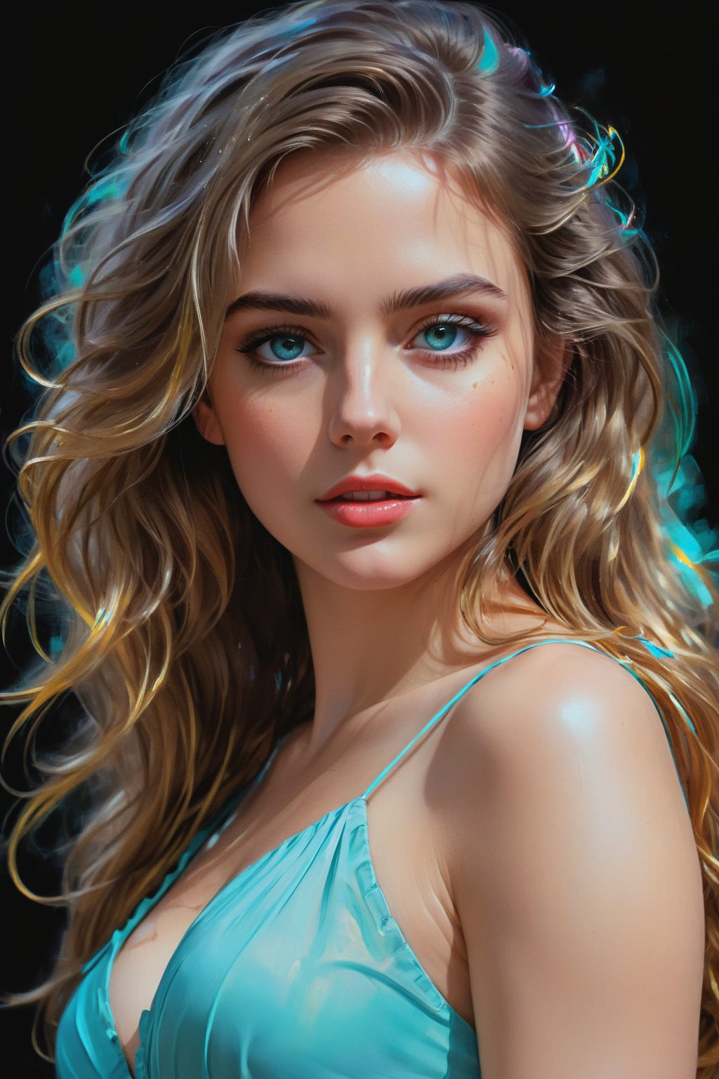 mj, RTX, 8k, HDR, best quality, cinematic story, (masterpiece), Andrey Atroshenko, Tanya Shatseva, Ross Tran, Anna Razumovskaya, art, realistic art, digital illustration, portrait, bright saturated colors, girl's turquoise eyes Big and lively, with long and dense eyelashes, the eyes seem to be able to speak and be lively, attracting the eyes of all viewers. And the beautiful long wavy hair, as golden as silk, flutters in the wind, showing extremely flamboyant beauty. Inappropriate. Stunning beauty.
Digital art, light and shadow art are also integrated into all of them. Vivid narrative realism, art by Carne Griffiths and Wadim Kashin