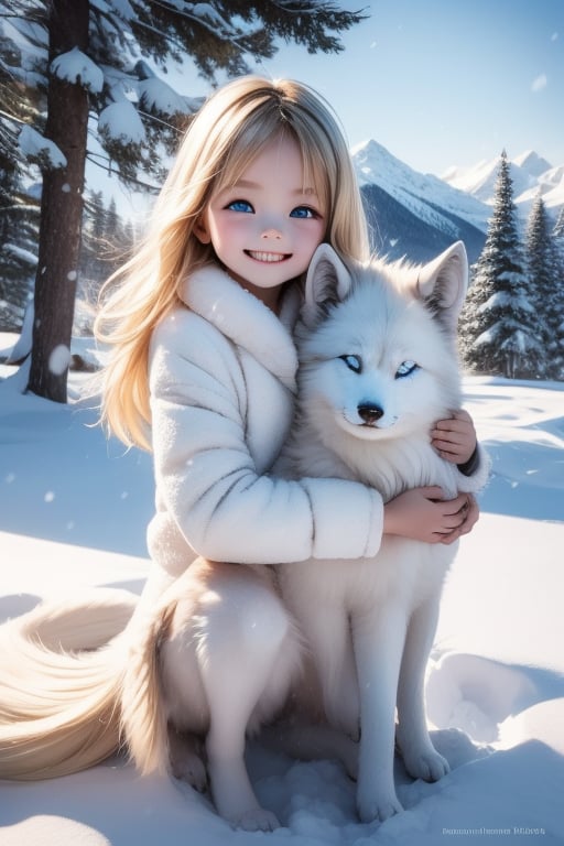 A little girl with blond hair and very fair skin. She is only 4 years old, but she grew up with a snow wolf with white fur and blue eyes. The snow wolf loves the little girl very much. He can put her to sleep and carry her on the grassland. The little girl always smiles happily. The little girl is extremely beautiful, with blue eyes, very lively, and long and thick eyelashes. To make her even more beautiful, she would often roll around on the grass with the snow wolf. The little girl wears all kinds of cute clothes. Outdoors, sunshine, mountains, trees, flowers, birds, butterflies. light and shadow. 