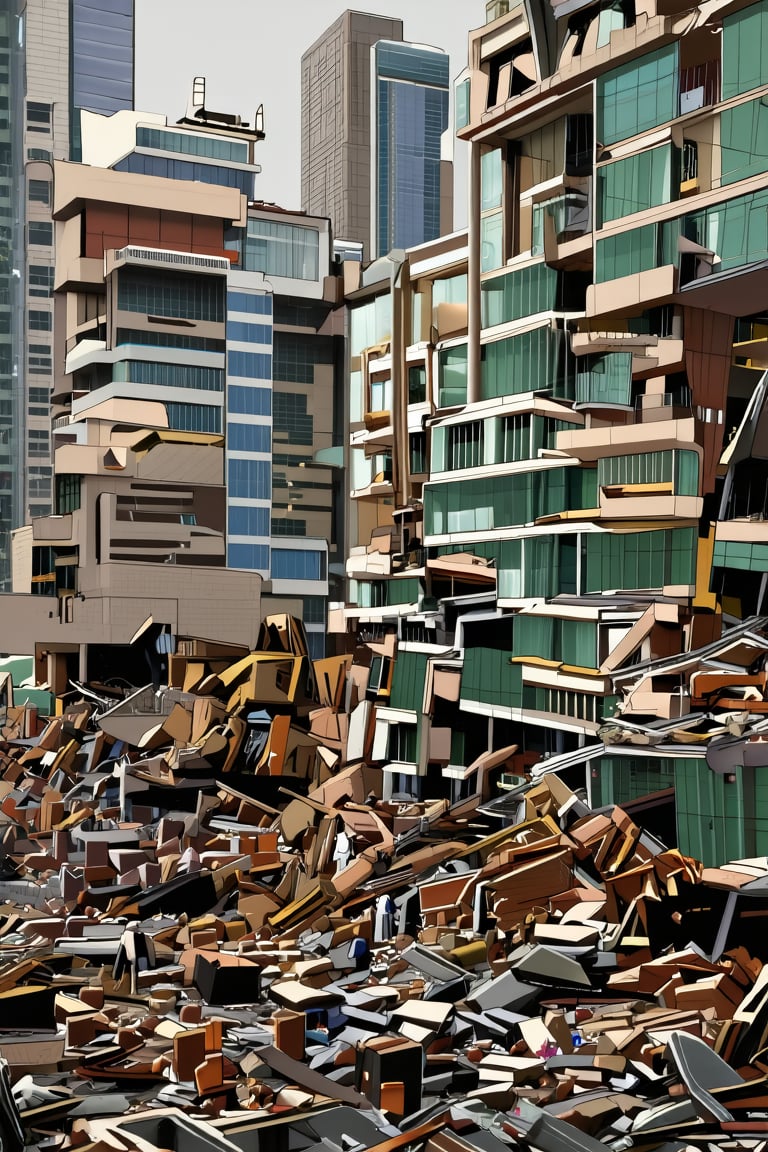 A devastated cityscape lies in ruin, once a masterpiece of modern architecture now reduced to rubble. Glass curtain walls shattered, bricks and tiles scattered everywhere. Amidst the devastation, people huddle alone, injured and shaken by the catastrophic 9.8 magnitude earthquake that ravaged the city center. The severe damage is irreparable, a tragedy of the century.,Abstract