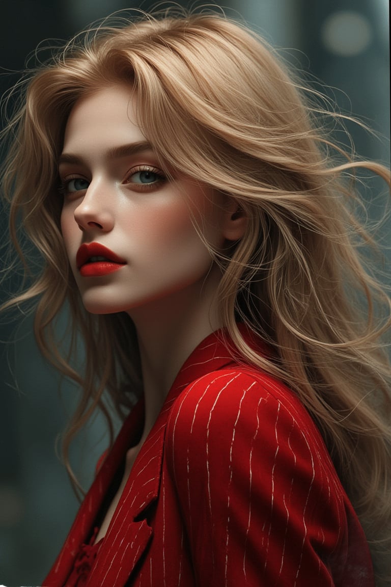 Realistic closeup shot of a stunning, elegant 28-year-old European woman wearing dark red pinstripe tailoring, with long bright golden blonde hair and bright blue-gray eyes. She performs the professional pose of a sexy female model with her head raised, in a double exposure, blending the complex art styles of Alex Stoddard, Natalia Drepina, and Brooke Shaden. Surrealism on a cracked paper, extremely dynamic, unusual, and retro. 128K, illustration, highly detailed, high budget, bokeh, wide cinema, moody, epic, gorgeous, film grain, grainy, high-quality photography, 3-point cinematic glory lighting, soft focus flash, Canon EOS R3, HDR, smooth, sharp, high-resolution, award-winning action photos, jump photos, 50mm, wide-angle shot, away from the camera, full body, f2.8, bokeh, side view.