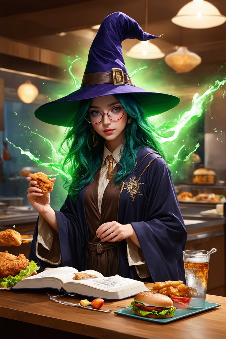 Beautiful witch\(wearing wizard robe with magic on it. Shining, beautiful facial features in golden ratio, wearing wizard hat and transparent glasses, looking sideways), releasing magical green glittering energy, (Salad , fried chicken, burger meat and soda with ice flying in the air and many fruits), background (fast food restaurant kitchen interior, fast food restaurant employees shocked), (Masterpiece, High Resolution, High Quality: 1.2), Ambient Occlusion, low saturation, high detail, detailed face, (shot from a distance), intricate detail, dreamlike, concept art, illustration, highly detailed, splash art, art book, beautiful image, fantasy, reality
在 Google 翻譯中