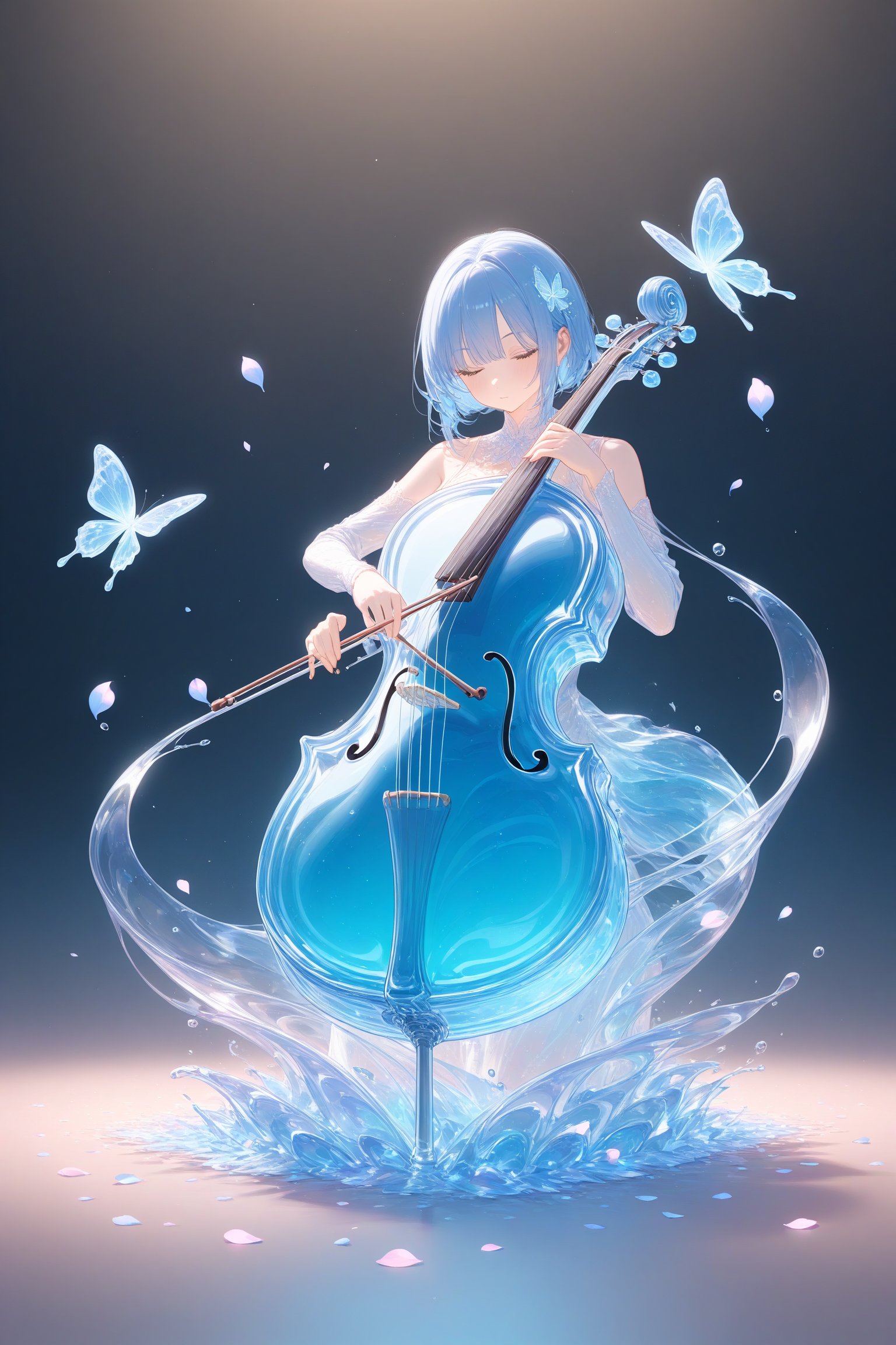 {Elegant crystal clear crystal glass cello with beautiful curves, filled with marbled light orange and white and blue liquid (transparent), forming the shape of a butterfly. Fox and texture. Smooth object contours and undulating dynamic movement. Pastel petals float around the vase. }