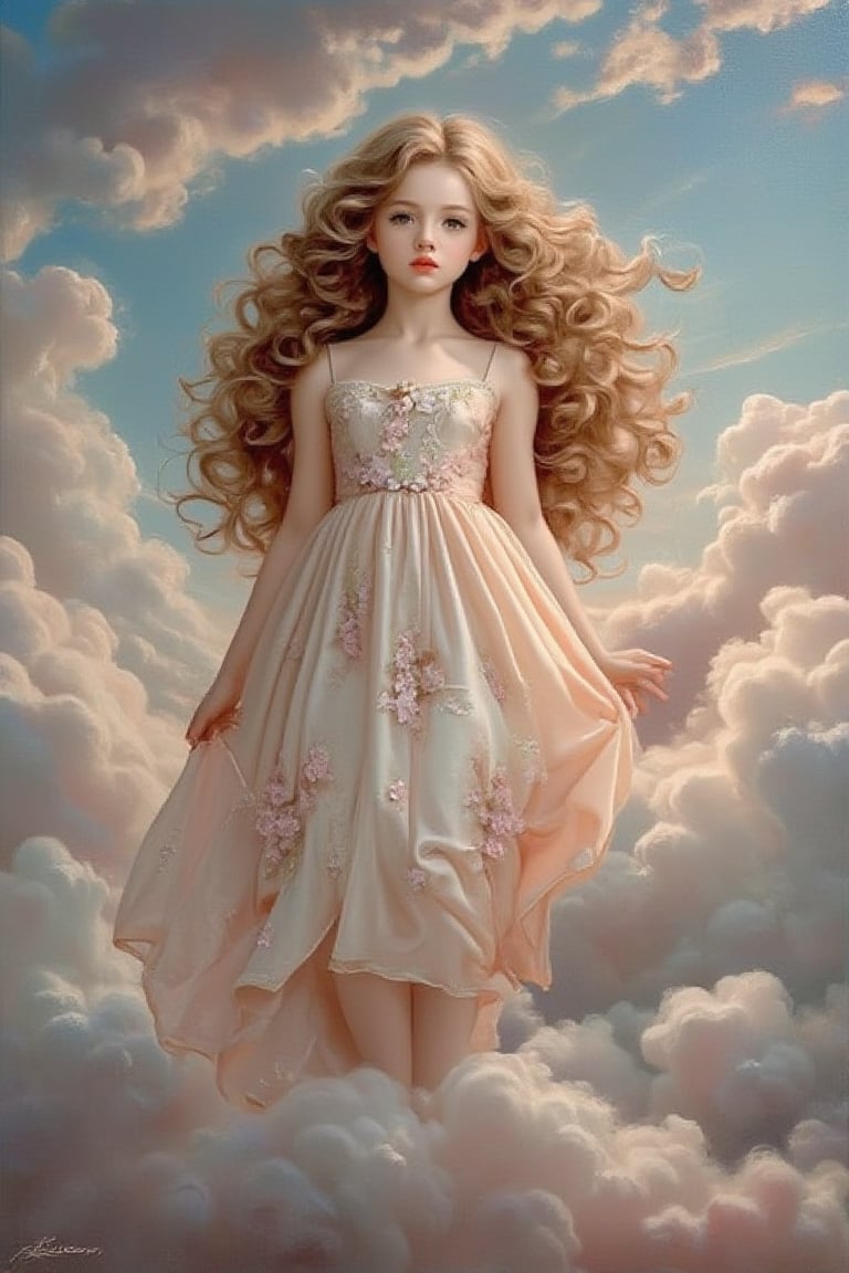 (Canvas painting, oil painting, realistic painting, full color, perfect artistic composition, perfect contrast, perfect brightness). Abstract surrealist masterpiece. A very beautiful girl with long curly hair stands among dreamy clouds, reminiscent of the elegant, pure, and beautiful atmosphere in Francesca's works. The style evokes the painting styles of Flanders, Francisco Goya, Titian, Tintoretto, and Veronese.