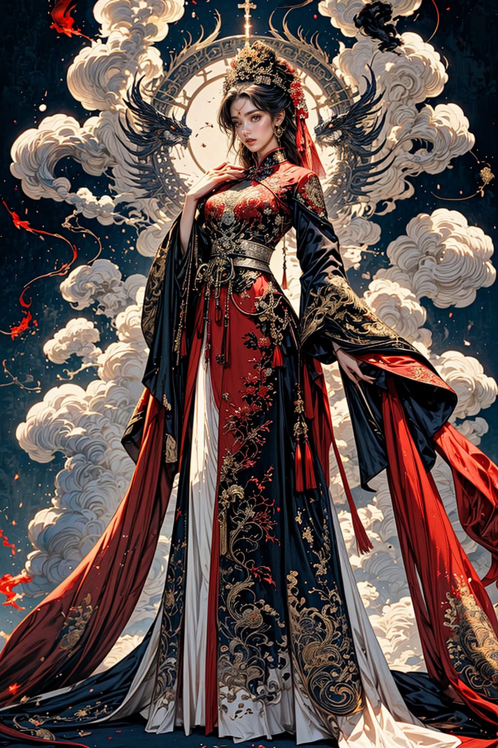 Full body shot of a character standing in majestic pose, hyper realistic representation of a fantasy chinese empress with the most sumptuous wedding hanfu dress made of black and (red:1.8) silk and richly embroidered with gold and silver threads, (wide sleeves:1.2), intricately carved golden badges and tassels, golden line, dark gothic cathedral background, fire and flame and clouds of smoke. Art by Yoshitaka Amano, Zhong Fenghua, stunning interpretive visual, gothic regal, colorful, realistic eyes, dreamy magical atmosphere, (film grain), (warm hue, warm tone), cinematic light, side lightings,zhongfenghua,horror (theme),dragon_aodai_nam,Angel,,<lora:659111690174031528:1.0>