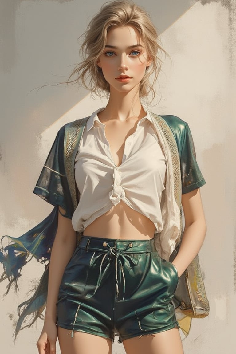 A beautiful European beauty with a tall, sexy, and well-proportioned figure, dressed in fashionable clothes with a stylish, aristocratic feel that is both casual and elegant. The artwork features a detailed, realistic depiction in watercolor and gouache, showcasing a lifelike quality and masterpiece status. The 128K resolution captures colored light wavelengths, attractive reflections, and a fine gouache sketch in the center. The modern art style highlights the beauty's allure and sophistication.