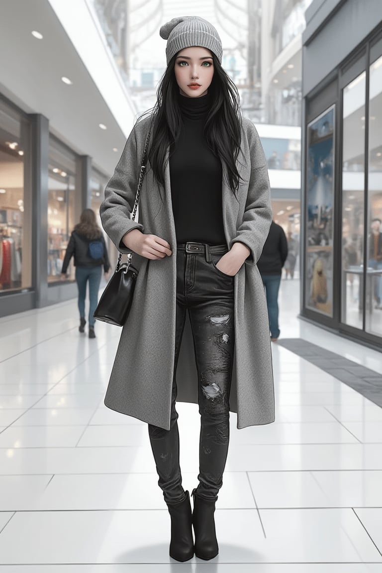 (Masterpiece, high quality, 8K, high resolution), ((ink pencil drawing style)), stunning hand-drawn illustration, beautiful woman, long black hair, green eyes, knit cap, gray cashmere coat, black high-neck turtleneck sweater, fashionable skinny jeans, faded, high-heeled boots, standing at the entrance of a shopping mall waiting for something or someone, everyday life style, contemporary creation, elegance, innocence, natural composition, Leonardo style.