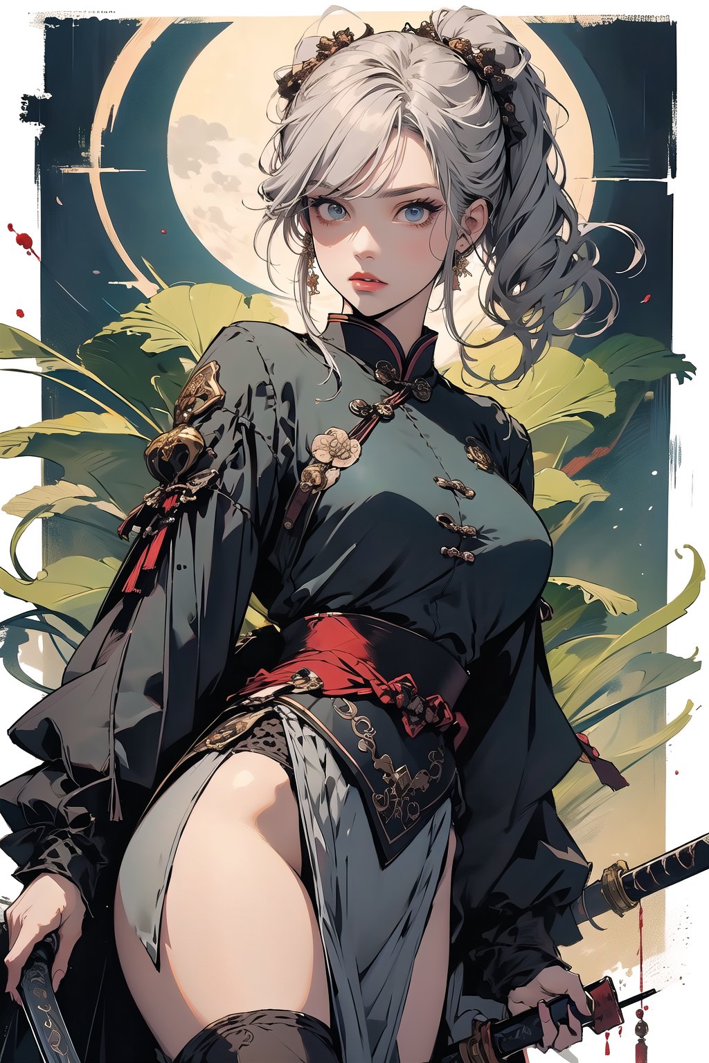 (super perfect quality masterpiece and detailed details), beautiful black plot, complex, extremely high clear resolution, complex lines, (exquisite drawing), 1girl photo of beautiful ancient Chinese girl wearing black clothes holding a sword Long wavy silver hair, hair shining in the moonlight, long sword, weapon, black mask, duet, underwear, big blue eyes, long and thick eyelashes, Han Dynasty general style clothing, print, medium breasts, looking straight The audience's eyes showed a fierce and intense emotion. The audience felt the atmosphere strongly. Ponytails, hair accessories, flowers, and blood splashed into several fox lines, perfect killing skills, the enemy fell, and the throat was sealed with a knife, super delicate and clear, perfect illustration,
BREAK Beautiful lighting, beautiful glow, Vadim Kass’ artistic style plus Jae Hyun Art. light and shadow.whole body.