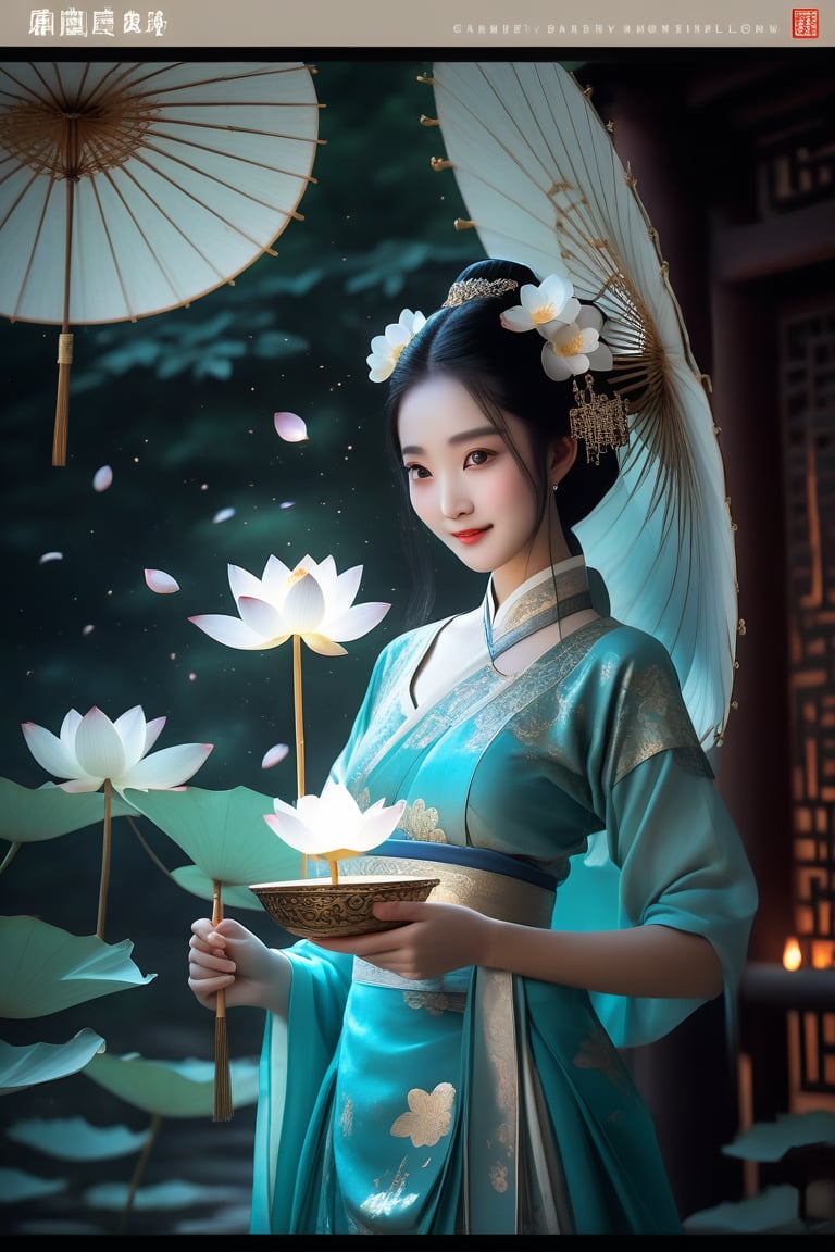 Close-up of a stunningly beautiful girl, Chinese Han Dynasty girl, with big eyes and long eyelashes that make her eyes more lively and beautiful, wearing Han Dynasty clothes and hairstyle, with stunning black hair and long She has thick eyelashes and holds a delicate bouquet of lotus flowers on her fingers. When she looked directly at the audience, she smiled. Her whole body exuded an otherworldly light, and every contour and object on her body seemed to be illuminated by light and sparkle. She couldn't help but dance a dance taught by her grandma at home in ancient times. It was very elegant and soft. After dancing, she took the paper umbrella and prepared to go back. In the quiet atmosphere of the summer night, the trees were tall and the river flowed quietly. Nocturnal creatures serenade them with their gentle chirps and croaks, and our protagonist acts like a lovely beacon. In Vadimka's new style, every detail has been carefully crafted to create a realistic style that exudes elegance and wonder. (Masterpiece 1.2, 8K) Depth of field.,source_furry,score_5_up,score_6_up,score_7_up,score_8_up,score_9,han fu