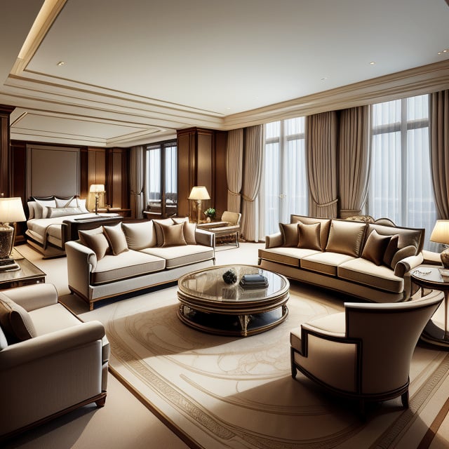 Interior masterpiece: A luxurious yet elegant Western-style presidential suite, fully equipped with every amenity. The room exudes opulence and sophistication, truly living up to its name as a presidential suite. Soft, warm lighting enhances the grandeur, highlighting the exquisite furnishings and intricate details. The composition showcases a spacious, well-appointed living area with plush seating, a grand dining table, and a lavish bedroom. The overall atmosphere is serene and inviting, with a perfect balance of modern luxury and classic elegance.,by leonardo da vinci,scifi,davincitech