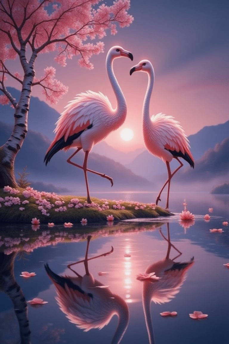 Digital artwork depicting a dusk scene with the sun setting, casting a soft glow over the scene. The sky is half-night, with two giant pink cranes standing on a small island in the middle of a body of water. The flamingo faces the right side, its long neck stretched out, while the island is covered in clusters of fallen cherry blossom petals. A tree with white branches is on the left, and the still water reflects the sun's rays, creating a mirror-like effect. The overall atmosphere is peaceful and serene, a masterpiece showcasing the beauty of miracles.