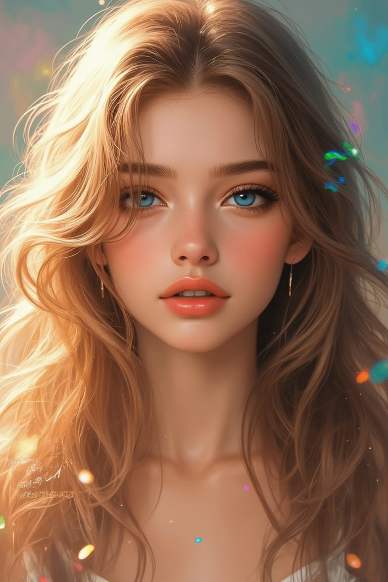 128K, HD, RAW photo, best quality, (Masterpiece: 1.2), (realistic, photo-realistic), (highly detailed), 18-year-old girl, very beautiful face, perfect body, bright and lively blue eyes, long and dense eyelashes, innocent face, white skin, long golden wavy long slightly curly hair, front view, impressive view, perfect light, sharper, highly detailed glossy eyes, glossy full sexy lips, card Carne Griffiths style, Conrad Roset, (Composition by Alphonse Mucha), gorgeous, heavenly, ethereal background, pastel. A glow surrounds her, and the wall behind her is painted with abstract paint in rainbow colors. Watercolor, Rain, Glitter, Varga Style by Daniel Gerhartz.