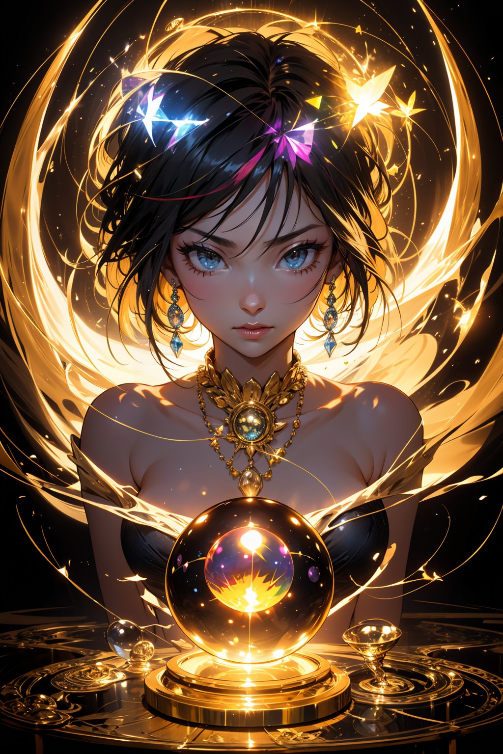 ((Masterpiece; Light and Shadow)), ultra-detailed, dramatic lighting, intricate details, female life fortune teller, (fortune teller), full body, golden eyelashes long and dense, super delicate, holding a rainbow luminous crystal ball, (Sphere approximately 20 cm in diameter), (rainbow-colored luminous crystal ball), cleavage, shiny long hair as golden as silk, hair flying due to the lightning rays emitted by the crystal ball, holding the crystal ball, chaotic reflection of the utopian scene , perfect eyes, twinkling light, central subject, detailed face, detailed eyes, crystal ball light, light and shadow
,niji,high detail