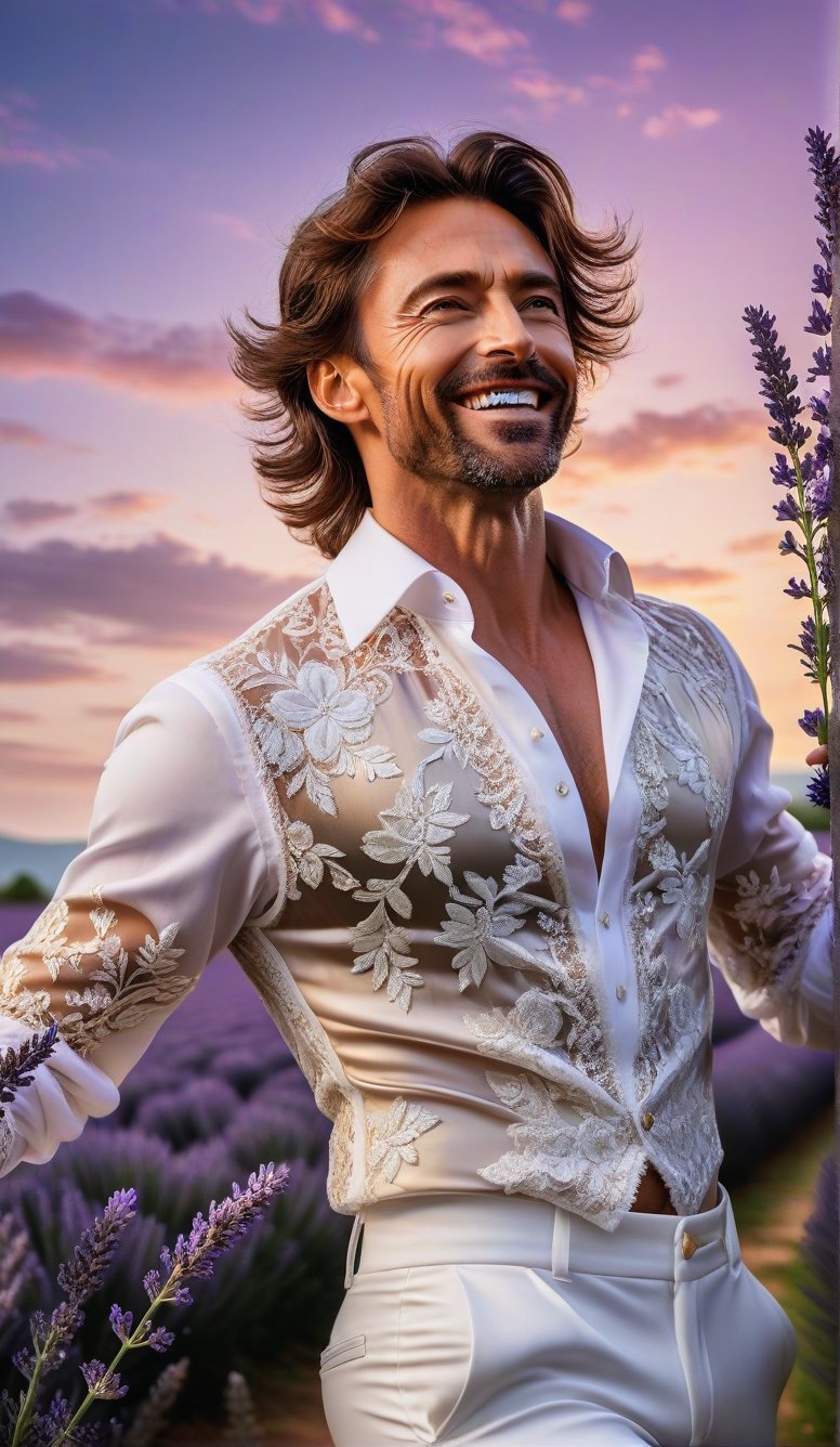 Close-up, young man with long thick eyelashes, she looks like 27-year-old Hugh Jackman with messy hair, full body shot, wearing satin pants, standing, wearing beautiful white mesh lace outfit, Dancing to the music and looking very happy. There are also braids of lavender flowers flying all over the sky, which is very beautiful. High quality. Modifiers: Alphonse Mucha, boris valejo dedecent illustration, Anne Boonchuy, art_booster, BlackworkStyleManityro, WOWAI, Expressiveh, Apoloniasxmasbox