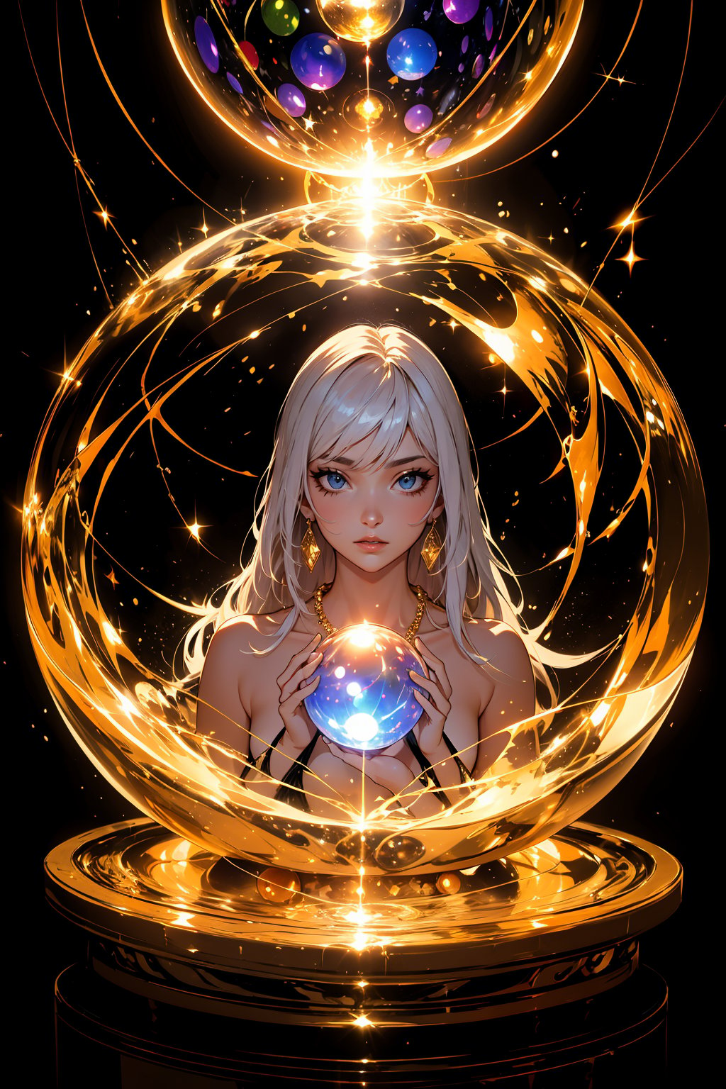 ((Masterpiece; Light and Shadow)), ultra-detailed, dramatic lighting, intricate details, female life fortune teller, (fortune teller), full body, golden eyelashes long and dense, super delicate, holding a rainbow luminous crystal ball, (Sphere approximately 20 cm in diameter), (rainbow-colored luminous crystal ball), cleavage, shiny long hair as golden as silk, hair flying due to the lightning rays emitted by the crystal ball, holding the crystal ball, chaotic reflection of the utopian scene , perfect eyes, twinkling light, central subject, detailed face, detailed eyes, crystal ball light, light and shadow
,niji,high detail