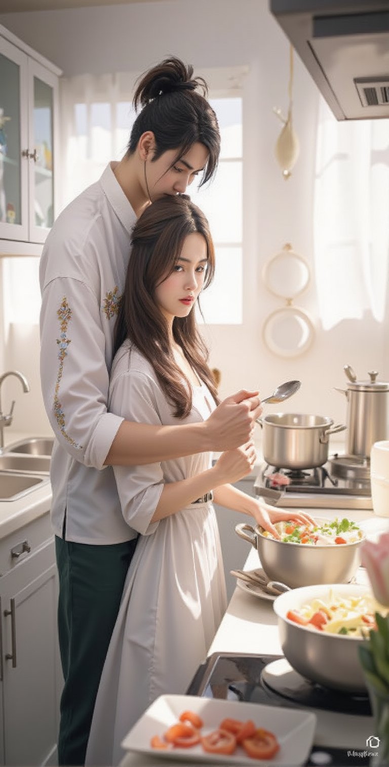 a digital painting depicts a man and a woman in a white dress, standing in a kitchen. The man is wearing a white button-down shirt and dark green pants, with a gold embroidery on the left side of his shirt. The woman, dressed in a long-sleeved white gown, is holding a spoon in her right hand, while the man's left hand is holding the spoon in his left hand. Both of the woman's arms are positioned in front of a silver pot on the stove. The stove is set against a white countertop, and there are several bowls of vegetables on the countertop. To the left of the stove, there is a sink with a silver faucet, and a white cabinet with silver handles. Above the counter top, there are three white plates hanging from the ceiling.