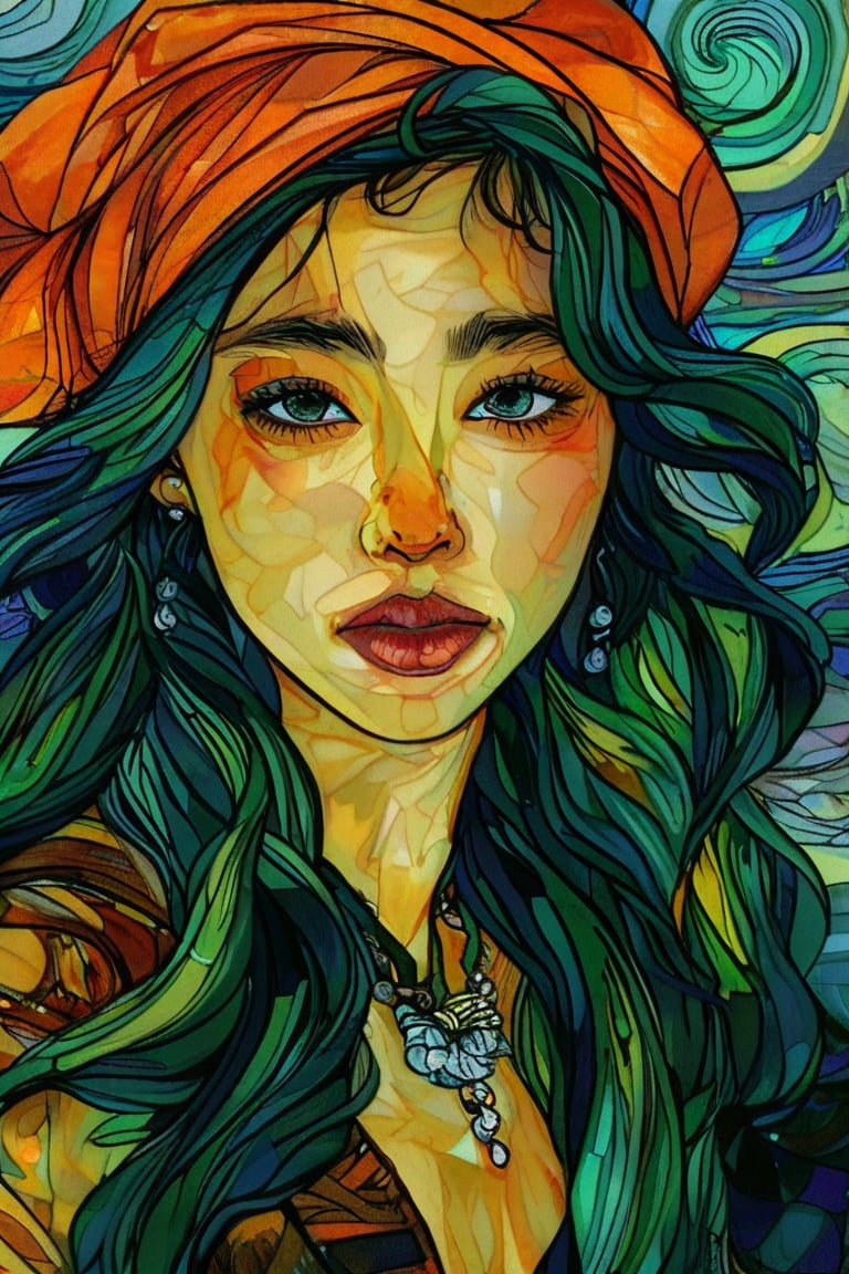 Close-up portrait of a beautiful 19-year-old Korean female supermodel woman with beautiful purple eyes and long green wavy hair wearing a pirate turban in the style of Vincent van Gogh with bright colors and deep orange color Light greens and bold buffs with swirling, textured strokes. Artists: Vincent van Gogh, Henri de Toulouse-Lautrec, Paul Gauguin.