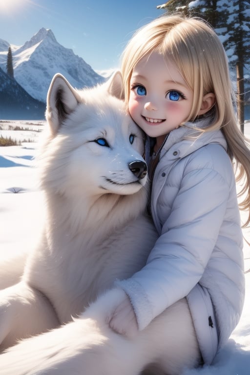 A little girl with blond hair and very fair skin. She is only 4 years old, but she grew up with a snow wolf with white fur and blue eyes. The snow wolf loves the little girl very much. He can put her to sleep and carry her on the grassland. The little girl always smiles happily. The little girl is extremely beautiful, with blue eyes, very lively, and long and thick eyelashes. To make her even more beautiful, she would often roll around on the grass with the snow wolf. The little girl wears all kinds of cute clothes. Outdoors, sunshine, mountains, trees, flowers, birds, butterflies. light and shadow. 