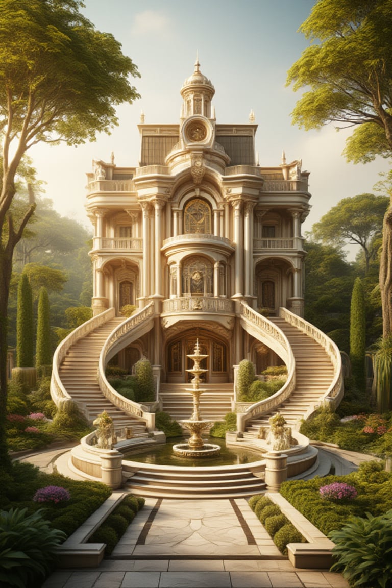 A hyper-realistic close-up of a grand, ornate, cream-colored castle-like villa, featuring a grand staircase, lush garden, ornate fountain, towering trees, and a bridge, all bathed in golden sunlight. The outdoor setting showcases the masterpiece architecture in stunning detail, with intricate textures and vibrant colors. Captured in 8K resolution, the scene is rich with fine details, emphasizing the beauty and grandeur of the structure.