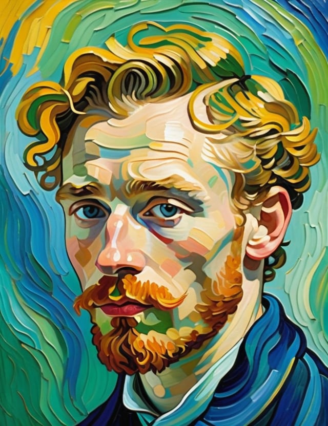 A close-up portrait of a 25-year-old Russian man with fair skin and short, curly blonde hair, front view, in the style of Vincent van Gogh, using a vibrant color palette of rich blues, deep yellows, and bold greens with Van Gogh's signature swirling, textured brushstrokes. Artists: Vincent van Gogh, Henri de Toulouse-Lautrec, Paul Gauguin.