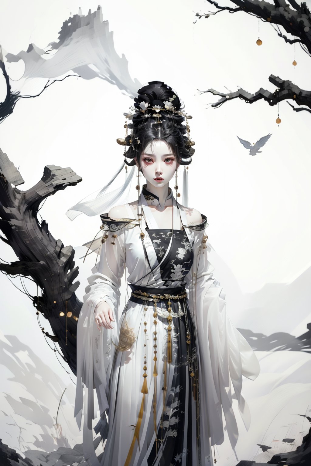 Under the ancient tree of the Han Dynasty, stood a beautiful woman with long black hair wearing Han costumes and a lily bun. Holding a pipa, a musical instrument from the Han Dynasty, she looked up at the crescent moon in the night sky with a smile, creating a mysterious atmosphere. The scene features contrasting lighting that highlights her stunning features and the peaceful expression on her face as she contemplates joy. The composition allows her to pose in cute and funny poses of joy, anger, sadness, and joy. The moon, ancient trees, ancient houses, ancient wells, ancient gardens, and ancient swings become the dramatic background. light and shadow. Ink design.,playing instrument, playing guzheng, hanfu,myhanfu