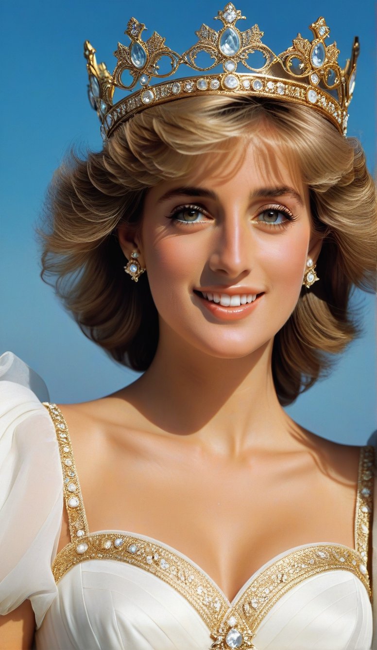 Close-up, the young girl has very beautiful big eyes and long thick eyelashes, she is the 20-year-old British Princess Diana, wearing a crown, full body shot, wearing a gorgeous princess dress, standing, she dances elegantly, She danced to the music, immersed in the charming music, and she smiled happily. There are also perfume lilies all over the sky, which is extremely beautiful. High quality. Modifiers: Alphonse Mucha, boris valejo dedecent illustration, Anne Boonchuy, art_booster, BlackworkStyleManityro, WOWAI, Expressiveh, Apoloniasxmasbox