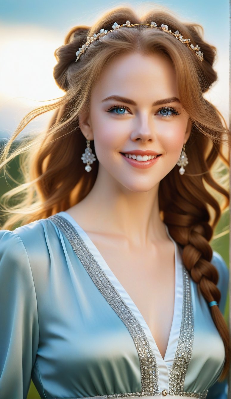 Close-up, young girl with light blue eyes, long thick eyelashes, she looks like 18-year-old Nicole Kidman with messy hair, full body shot, wearing satin pants, standing, beautiful in various colors Wearing beautiful little dresses and casual wear in popular styles, she danced to the music and looked happy. There are also braids of lilies all over the sky, which are extremely beautiful. High quality. Modifiers: Alphonse Mucha, boris valejo dedecent illustration, Anne Boonchuy, art_booster, BlackworkStyleManityro, WOWAI, Expressiveh, Apoloniasxmasbox