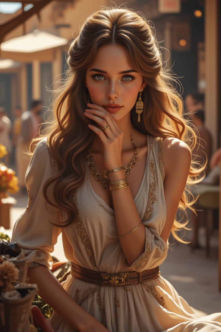 A stunning 8K CG masterpiece captures the essence of the bustling streets of ancient Rome. In the sun, a very beautiful woman with fair skin, long flowing hair as soft as silk, and exquisite, luxurious clothing poses in an authentic street stall. Her delicate face, smart eyes, long eyelashes, and delicate nose are displayed in detail, along with her earrings, bracelets, gold bracelets, and rings. Natural light gives her a beautiful glow, making her look even more beautiful. A delicate hand holds the vendor's goods, and her eyes seem to contain the secrets of this ancient city. Shadows dance precisely across the scene, adding depth and dimension to this ultra-detailed, realistic illustration.