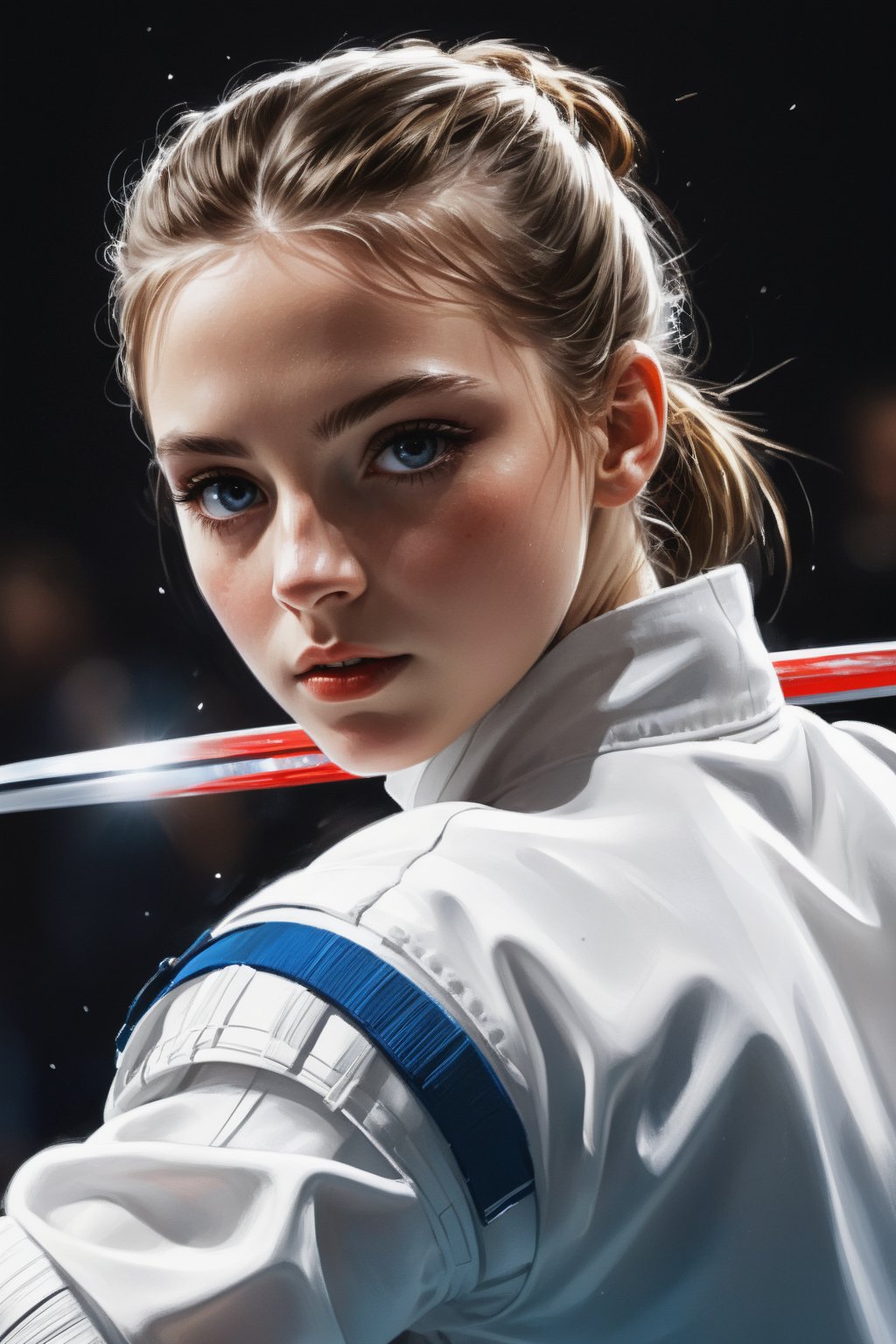 mj, RTX, 8k, HDR, best quality, cinematic story, (masterpiece), Andrey Atroshenko, Tanya Shatseva, Ross Tran, Anna Razumovskaya, art, realistic art, digital illustration, portrait, kendo competition, .Fencing is used for competitions The part of the venue is called "Piste". The three types of swords included in fencing (blunt swords, sharp swords and sabers) are all used in the same style and specifications during competitions. ·
Digital art and light and shadow art are also integrated into it. Vivid narrative realism, art by Carne Griffiths and Wadim Kashin