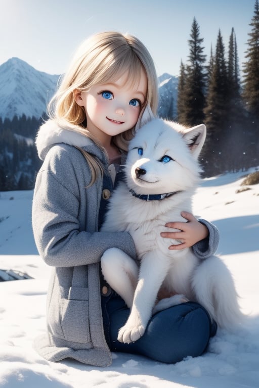 A little girl with blond hair and very fair skin. She is only 4 years old, but she grew up with a snow wolf with white fur and blue eyes. The snow wolf loves the little girl very much. He can put her to sleep and carry her on the grassland. The little girl always smiles happily. The little girl is extremely beautiful, with blue eyes, very lively, and long and thick eyelashes. To make her even more beautiful, she would often roll around on the grass with the snow wolf. The little girl wears all kinds of cute clothes. Outdoors, sunshine, mountains, trees, flowers, birds, butterflies. light and shadow. 