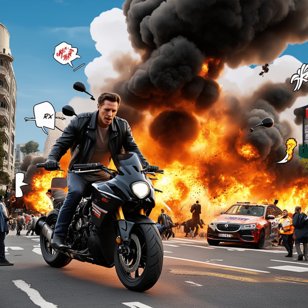 A hyper-realistic 3D rendered scene in ultra-high definition, featuring a strikingly handsome man in a leather jacket, astride a powerful motorcycle amidst a bustling urban street. The background is simple yet detailed, with a variety of vehicles and pedestrians filling the scene. Suddenly, a massive explosion rocks a nearby science and astronomy museum, with vivid flames, thick black smoke, and billowing white clouds. The sound of the explosion is intense, accompanied by a chorus of shocked exclamations. Comic-style speech bubbles, shaped like explosions, appear around the scene, adding to the chaos. The man on the motorcycle, along with others, reacts quickly, some rushing to help while others dial emergency services. The RTX technology enhances the lighting and shadows, creating a dramatic and lifelike atmosphere. The composition captures the urgency and scale of the disaster with exceptional clarity and detail.