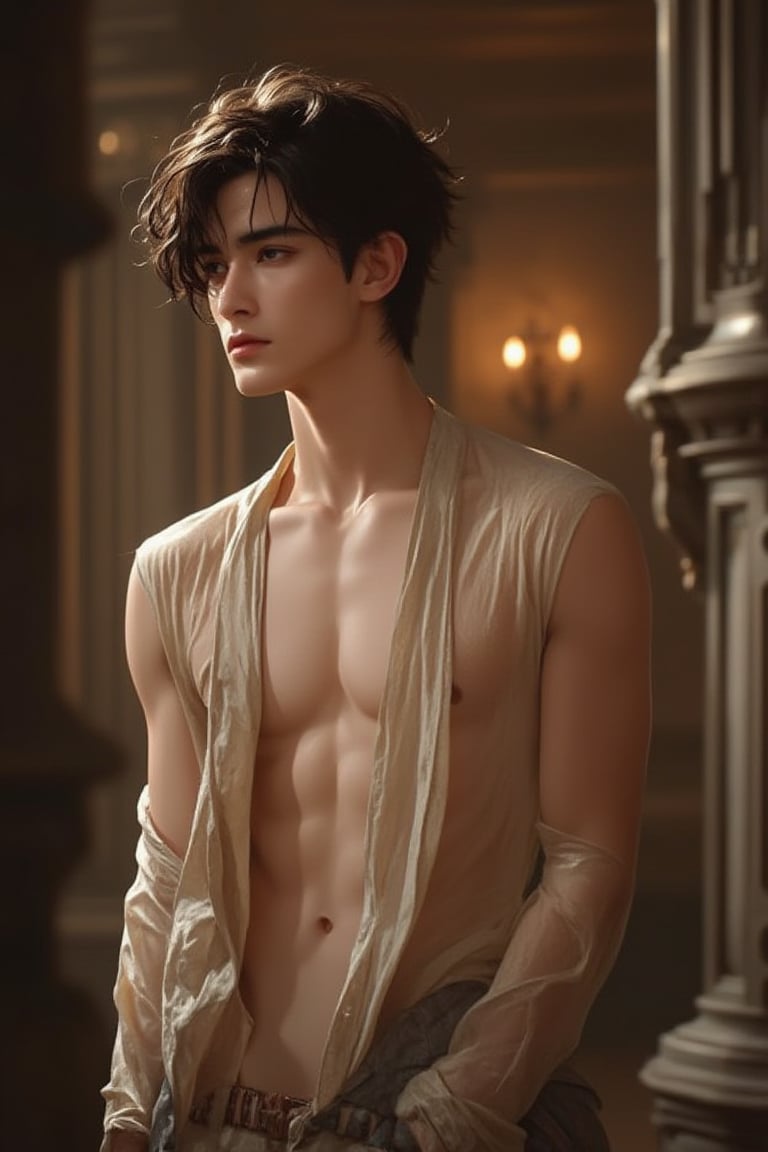 Fashion magazine cover photo featuring a stunningly cute 18-year-old famous Asian boy model, captured in a full-body artistic sensual pose within a detailed studio setting. He is artistically stripping off his loose and stylish clothes, exuding flirtatious tenderness. Cinematic lighting reveals the soft contours of his boyish body, while the soft bokeh effect enhances the realism of the image. The magazine's headlines and subtitles revolve around the model.