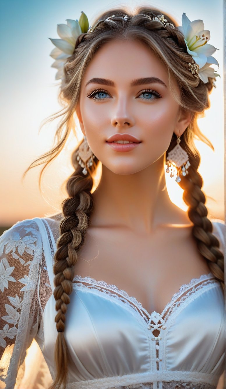 Close-up, young girl with light blue eyes, long thick eyelashes, she looks like 18-year-old Phoebe Keys with messy hair, full body shot, wearing satin pants, standing, wearing beautiful white Dressed in mesh and lace, she danced to the music and looked very happy. There are also braids of lilies all over the sky, which are extremely beautiful. High quality. Modifiers: Alphonse Mucha, boris valejo dedecent illustration, Anne Boonchuy, art_booster, BlackworkStyleManityro, WOWAI, Expressiveh, Apoloniasxmasbox