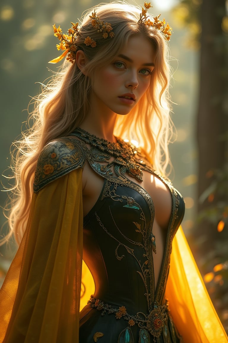 A mesmerizing scene unfolds: In a sun-dappled forest clearing, a 28-year-old passionate spirit stands tall, her ethereal face illuminated by soft morning light. Deep yellow silk cascades from her shoulders like a waterfall of night, while delicate black and silver armor encases her curvaceous form. A floral crown adorns her golden, silken hair, and leaf-patterned stockings add subtle charm to her divine visage. Her emerald eyes sparkle like gems, set in a masterpiece of beauty beyond mortal comprehension. As she moves, ornate, sacred light blue patterns spread across her arms and torso, as if the essence of magic has infused her being. Her skin is tight and flawless, exuding a subtle glow, hinting at the power coursing through her veins. The air is filled with vibrant color visuals as pale red and green lines intertwine, mimicking the intricate crystal structures adorning her. In this mystical forest, moonlight weaves a golden tapestry on the floor, and the sorceress emerges from the shadows, striking a pose that accentuates her impressive chest beneath a billowing, cloud-like gossamer cloak.