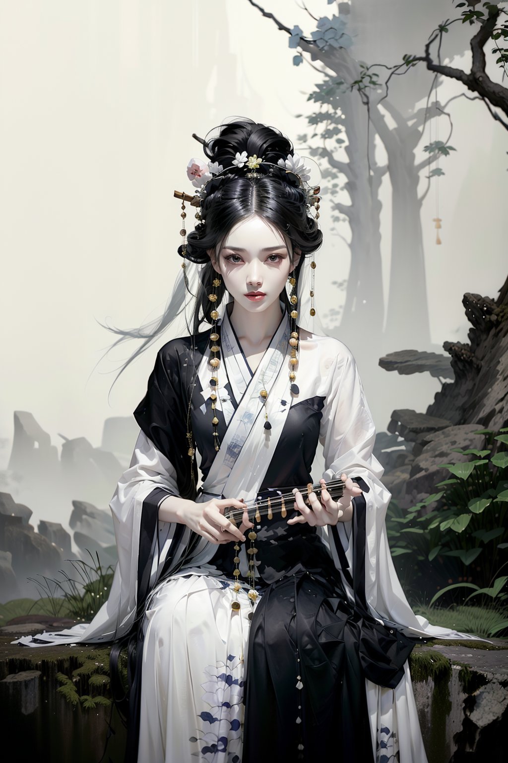 Under the ancient tree of the Han Dynasty, stood a beautiful woman with long black hair wearing Han costumes and a lily bun. Holding a pipa, a musical instrument from the Han Dynasty, she looked up at the crescent moon in the night sky with a smile, creating a mysterious atmosphere. The scene features contrasting lighting that highlights her stunning features and the peaceful expression on her face as she contemplates joy. The composition allows her to pose in cute and funny poses of joy, anger, sadness, and joy. The moon, ancient trees, ancient houses, ancient wells, ancient gardens, and ancient swings become the dramatic background. light and shadow. Ink design.,playing instrument, playing guzheng, hanfu,myhanfu