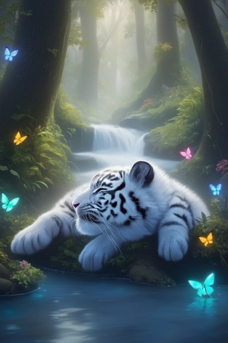 Ultra HD illustration of a fluffy white tiger cub sleeping in a magical forest, surrounded by beautiful trees and shrubs, by a riverside, with glowing butterflies. Masterpiece, best image, best quality, ultra wide-angle shot, 16K UHD.