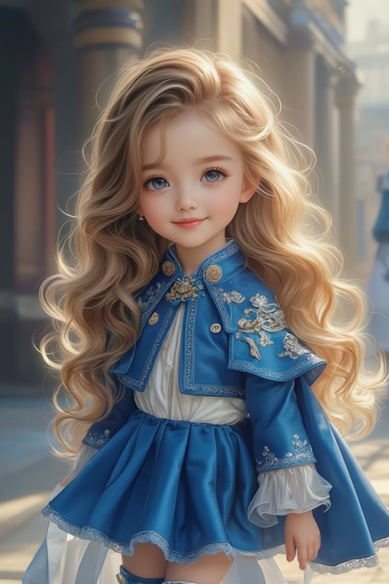 Close-up of a beautiful Korean supermodel with long golden silky curly hair, big blue eyes, and long eyelashes. She wears an aristocratic school uniform: a blouse, a Jsk, a short jacket, a small cape, and a big cope, with blue as the theme color and white edges with embroidered blue patterns. The skirt reaches the thigh, paired with big white garters and blue short boots, creating a beautiful and bookish look. She holds a few books for class, smiling directly into the camera, extremely happy, preparing to sign up for classes. The school's luxurious facilities are only accessible to children of nobles. The girl is a talented woman with a high IQ, in danger as a boy follows her, but she is not afraid, having a sixth-degree black belt in Taekwondo and studying martial arts. Official art, masterpiece, light and shadow.